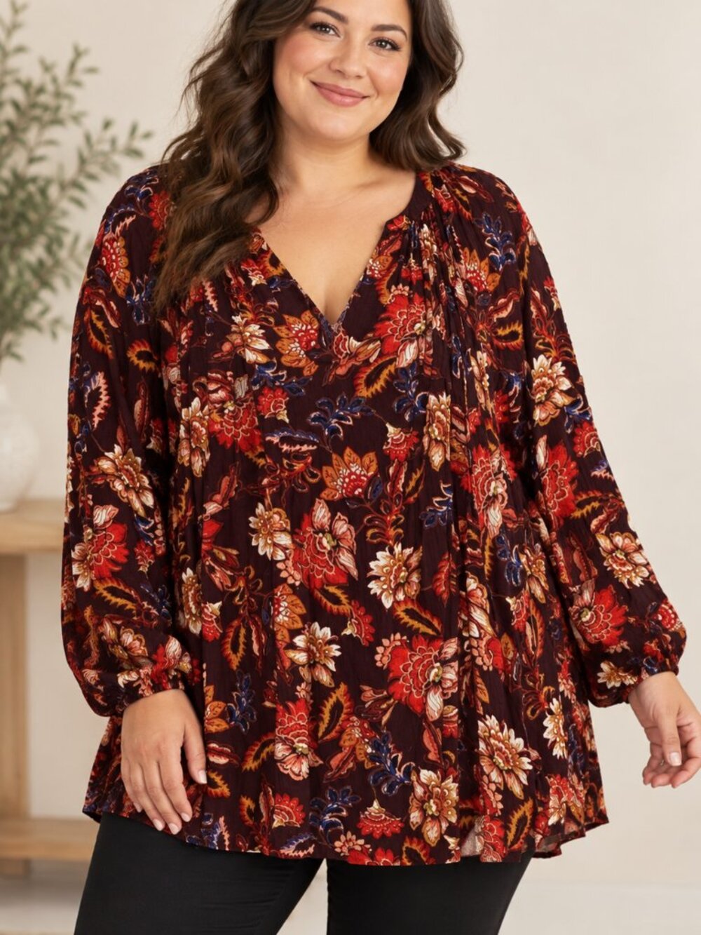 Old Navy Womens 4X Burgundy Floral Tunic Blouse V-Neck Long Sleeve